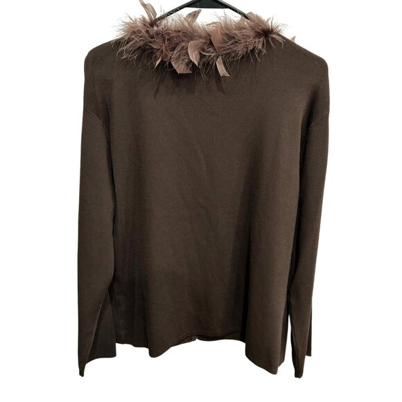 Victoria Harbour Brown Feather Trim Cardigan Sweater Sz XL - Picture 2 of 8